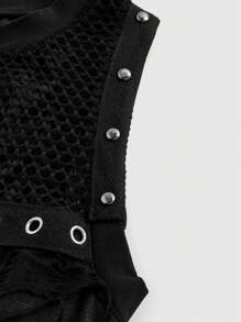 ROMWE Grunge Punk 女式朋克撞色网眼剪裁侧腰抽绳背心 - 黑色 - 查看 4