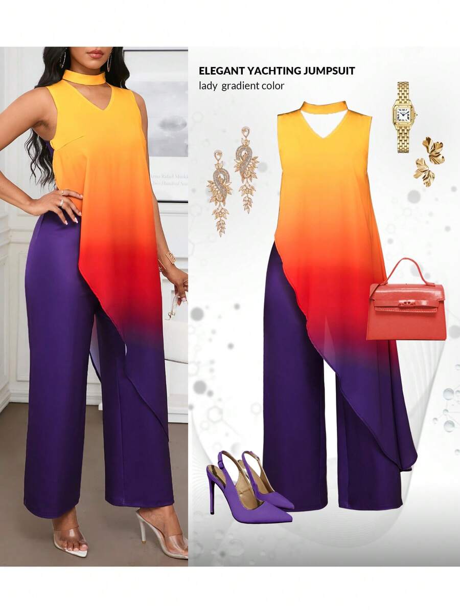 SHEIN Lady 女士彩色渐变色挂脖阔腿连体裤 - 彩色 - 查看 1