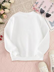SHEIN Tween Girl Round Neck Fleece Tween Girl Sweatshirt With Metallic Love Pattern Print - White - View 2