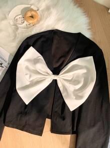 SHEIN Privé Plus Size Women's Black & White Color Block Bow Detachable Cardigan Jacket - Black and White - View 4