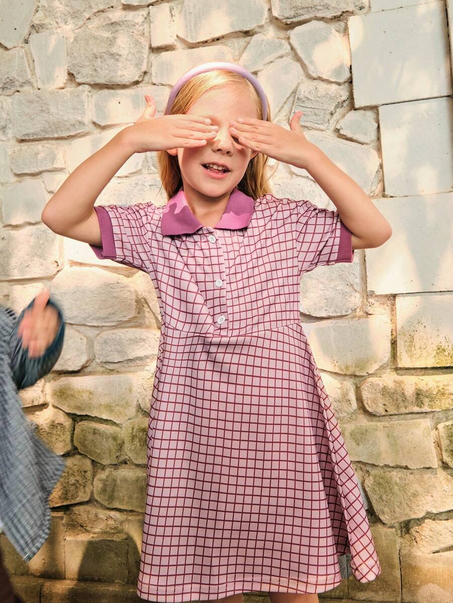 SHEIN 1pc Plaid Pattern Short Sleeve Polo Dress, Elegant Casual Back To School Style Suitable For Outing - Purple - View 1