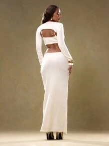 MUSERA Fitted Cut Out Maxi Sweater Dress & Cami Knit Top Bridal Bachelorette Hen Do Wedding Holiday - Beige - View 2