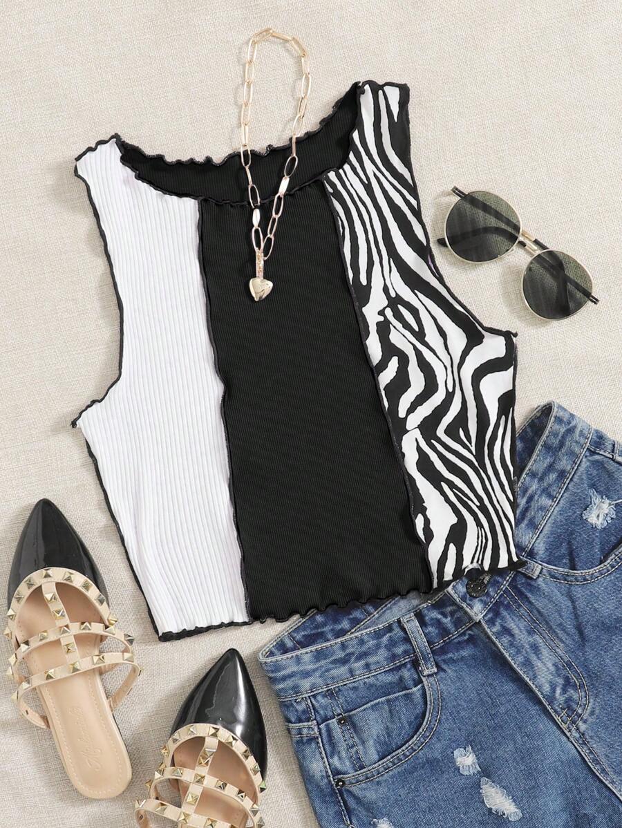 SHEIN EZwear Zebra Stripe Colourblock Lettuce Trim Tank Top