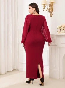Modelyn Váy tay đèn lồng cổ bất đối xứng màu trơn thanh lịch cỡ lớn màu đỏ tía, xuân thu - Màu Đỏ Sâu - Xem 6