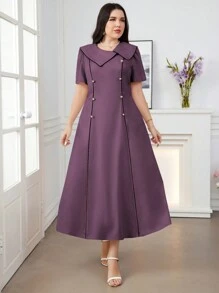 Modelyn Đầm dạ hội dài thanh lịch có cổ áo bất đối xứng tay bèo nhún cỡ lớn cho nữ - Bụi tím - Xem 4