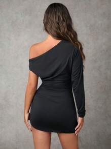 SHEIN BAE Women's Solid Color Asymmetrical Neck Dress - Black - View 3
