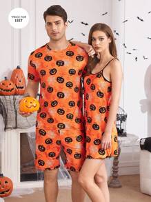 万圣节南瓜印花短袖和短裤男士睡衣套装 - 橘色 - 查看 1