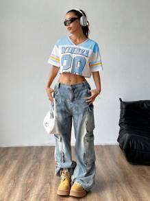 StreetHx 1pc Fashionable Contrast Color Cropped Ribbed Sporty Casual T-Shirt Graphic Tees Women Tops - Blue - View 3