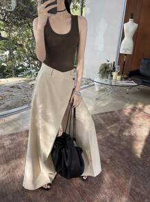 SHEIN Unity Stylish Wrap Style Slant Placket Wide Leg Pants - Khaki - View 4