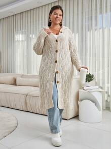 EURMUSE Plus Size Casual Hooded Cable Knit Cardigan - Beige - View 5