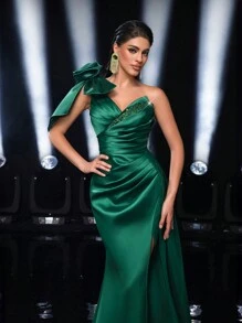 Glamrae Vestido elegante de fiesta, noche, boda, graduación o cena con lazo verde, inserto de lentejuelas, cintura alta, corte slim, abertura lateral y bajo con cola de sirena - Verde - Ver 2