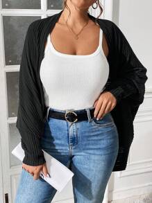 SHEIN Essnce 大码女装秋季新款时尚商务休闲女士外出上衣返校节秋季女装休闲通勤拉绒面料休闲纯色黑色宽松无扣开衫，蝙蝠开衫，超宽松开衫女士开衫 - 黑色 - 查看 4