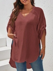 SHEIN VCAY Plus Size Women's Asymmetric Hem Shirt With Raglan Sleeve - Burgundy - View 3