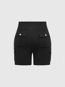 SHEIN LUNE Pantalones cortos negros y ajustados para mujeres, con múltiples bolsillos, ropa de trabajo para yoga en verano - Negro - Ver 2