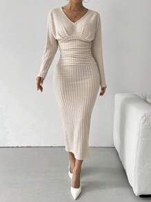 Chiquease Wide Ribbed Fuzzy V-Neck Smocked Dress