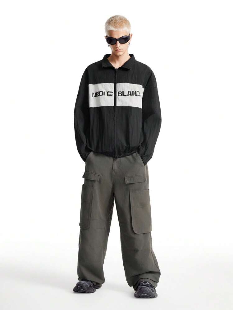 Men's Street Woven Cotton Mid-Rise Elastic Zipper Placket Oversized Wide-Leg Trousers Suitable For Fashion