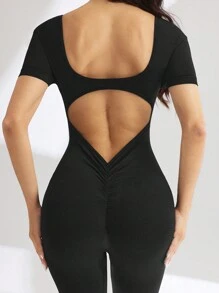 Easithlete 纯色圆领短袖镂空简约无缝弹力运动服套装全身简约无缝弹力运动服套装 - 黑色 - 查看 5