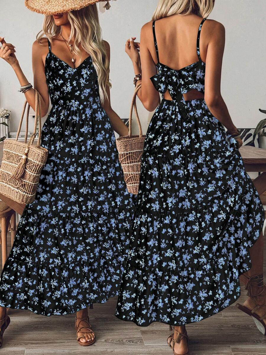 Breezaya 女士满版印花吊带连衣裙 - 黑色 - 查看 1