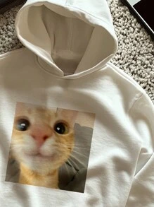 Claim Dot Men's Cat Print Casual Pullover Hoodie, Basic Everyday Wear Hooded Vintage Fluffy Vacation Graphic Long Sleeve Thick White Hoodie, For Friends, Husband, Boyfriend Gifts - White - View 3