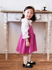 Baby Girls' Lace Hollow Flower Trim Shirt And Corduroy Dungaree Dress Set, Autumn/Winter - Multicolor - View 5