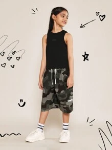 SUMWON Tween 女童背心和迷彩工装裤 2 件套 - 軍綠色 - 查看 1