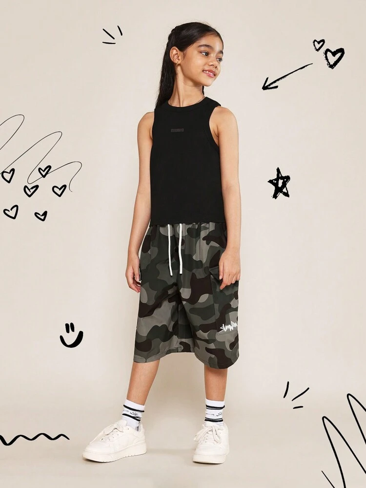 Conjunto de 2 peças com Regata e Shorts Cargo Camuflada para Meninas Pré-Adolescentes