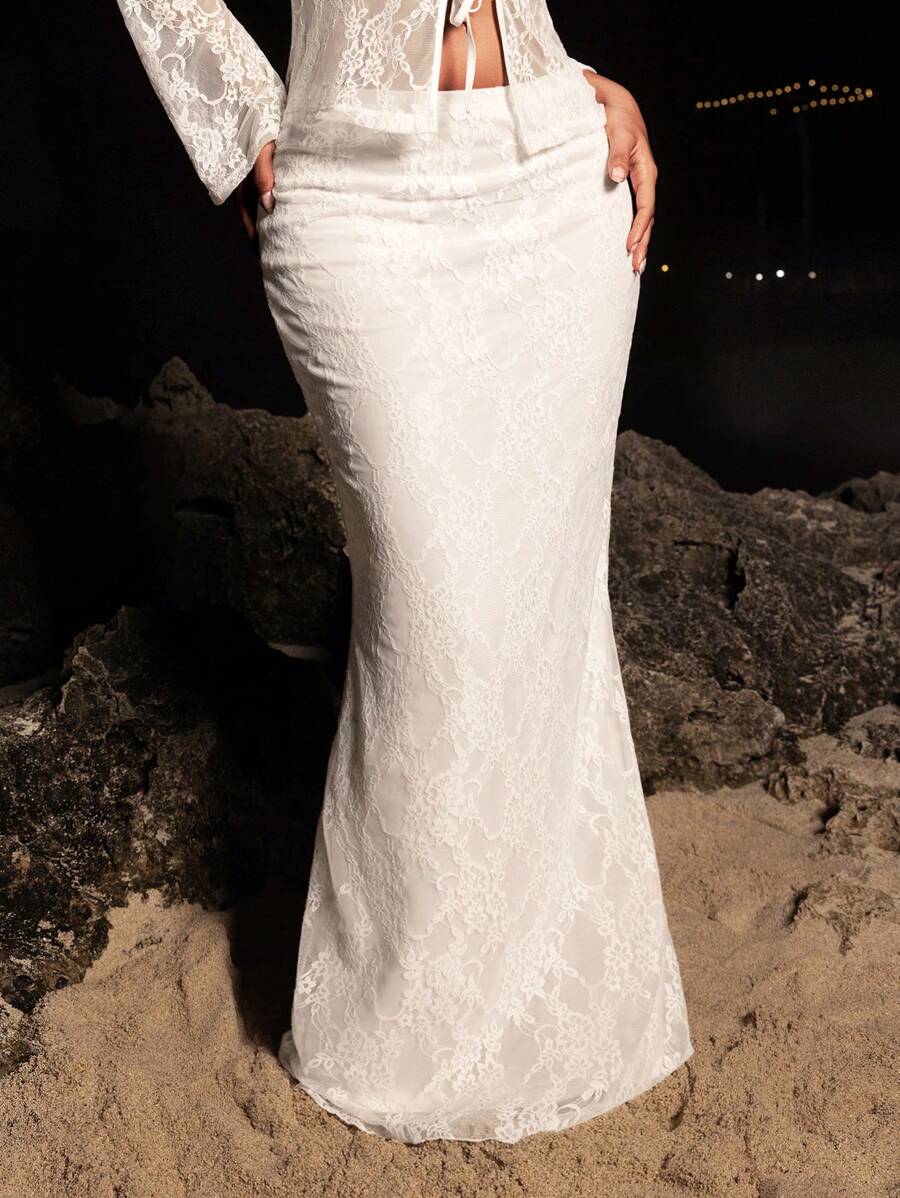 Opulessa 伴娘裙度假纯色蕾丝裙女士秋季女士服装派对晚宴服装 - 白色 - 查看 1