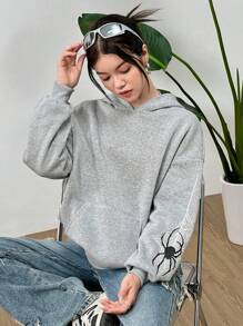 SHEIN Teen Girls Gray Spider Web Print Casual Drawstring Sweatshirt For Fall Winter Everyday Wear - Grey - View 7