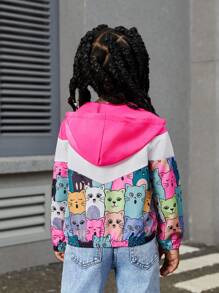 SHEIN Jaqueta casual solta com capuz e estampa de gato fofo em bloco de cores para meninas
