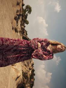 Maija Váy xòe tay loe cổ chữ V họa tiết hoa Paisley phong cách phương Tây dành cho nữ - Màu tím - Xem 5