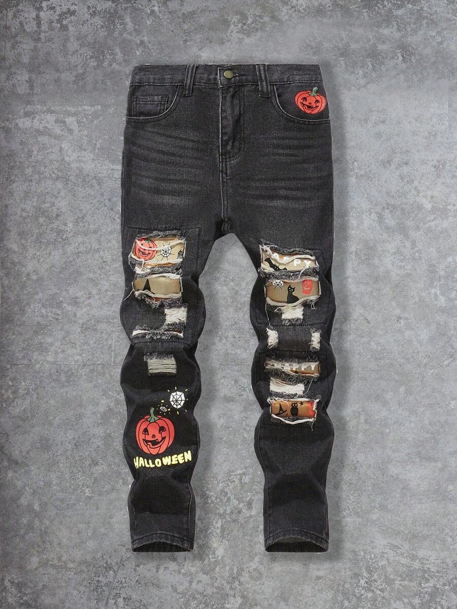 SHEIN Tween Boy 时尚街头百搭破洞南瓜印花牛仔裤，适合万圣节派对 - 黑色 - 查看 1