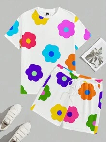 Manfinity Homme Men's Colorful Floral Print Crew Neck Short Sleeve T-Shirt & Shorts Set - Multicolor - View 5