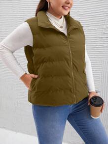 SHEIN LUNE Chaleco acolchado de talla grande para mujer de unicolor con cremallera frontal, chaqueta y parkas de invierno acolchadas y engrosadas, chaqueta ligera empaquetable con cremallera completa