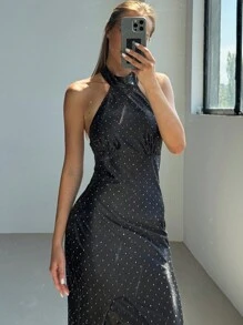Aloruh Sexy zwarte fluwelen strass asymmetrische zoom rugloze halter maxi-jurk