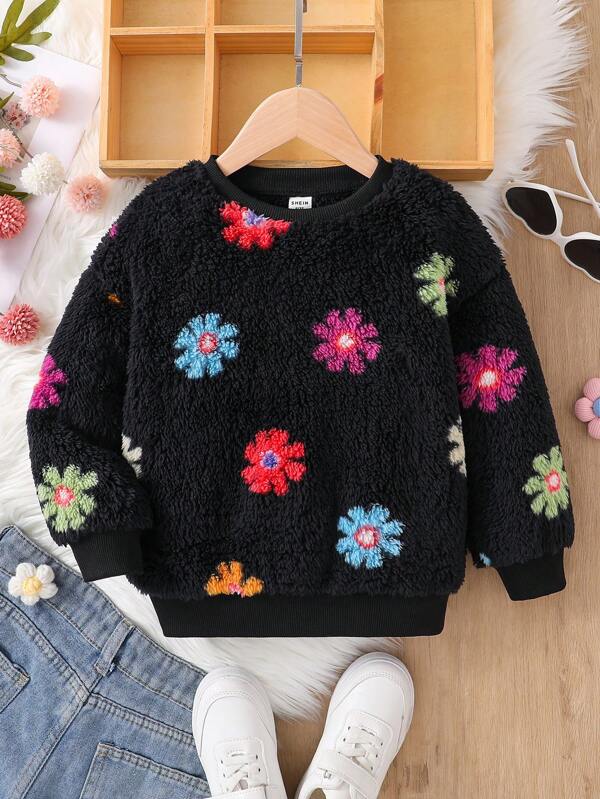 SHEIN Young Girls' Cute Hand Bag & Colorful Floral/Flower Pattern Teddy Pullover,Sweatshirts,Autumn/Winter,Great For Casual & Daily Wear & School Daily In Autumn Winter