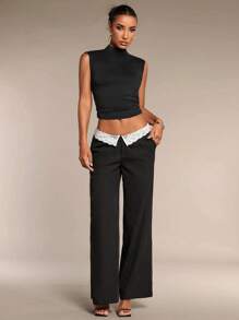 SHEIN BAE Women's Black Solid Color Waist Fold Lace Contrast Wide Leg Loose Elegant Casual Pants