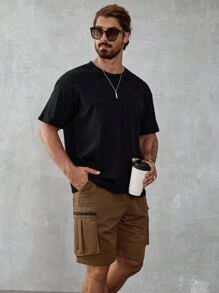 Manfinity Homme Men's Multi-Pocket Casual High Street Hiphop Lace-Up Cargo Shorts