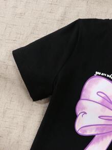 SHEIN 2pcs/Set Young Girl Cute Loose Fit Pink Bow Graphic T-Shirt & Magenta Bow Denim Skort Set, School, Campus, College Summer Holiday - Black - View 5