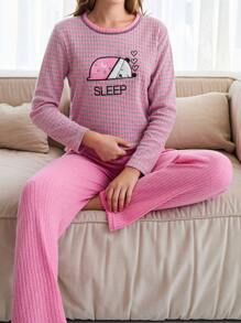 EURMUSE 100% Cotton 2Pcs  Contrast Colour Striped Bear Embroidery Detail Shirt And Long Bottom PJ Set - Pink - View 1