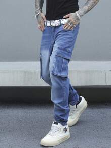 Manfinity EMRG 男式休闲直筒牛仔裤，带工装口袋