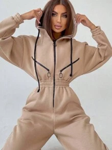 INAWLY Mono de manga larga con cremallera y bloque de color, con corte ajustado en la cintura, uso diario casual para mujer - Caqui - Ver 4