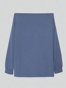 SHEIN EZwear 女式休闲宽松数字印花露肩长袖 T 恤，春夏 - 霧霾藍 - 查看 2