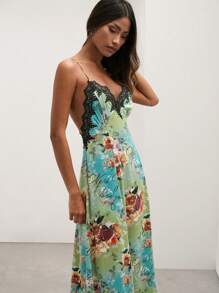 COSMINA Women's Floral Print Contrast Lace Elegant Cami Party Gala Cocktail Dress