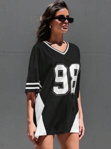 Denimoi Camiseta de fútbol holgada de bloques de color con estampado numérico, informal, de verano