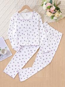 SHEIN 2pcs Set Tween Girl Cherry Print Casual Cute Half Zip Long Sleeve Top And Pants Loungewear Set - Purple - View 1