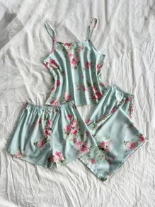 3 piezas/set Pijamas de mujer de popelina con estampado floral - Verde - Ver 2