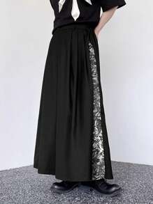 Claim Dot Men's Casual Contrast Color Print Patchwork Wide Leg Pants, Plain Long Vacation Oversize Tactical Black Pants, For Husband, Boyfriend Gifts, For Fall - Black - View 3