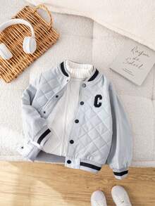 SHEIN 1 chiếc áo khoác bomber kẻ sọc chần bông lót nhiệt cho bé trai, thích hợp cho ngày tựu trường, sinh nhật, tiệc chào đón em bé, tiệc em bé, phù hợp cho mùa thu/đông - Xám - Xem 5