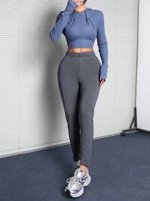 SHEIN EZwear Women's Fall And Winter Sportswear Casual Essentials Knit  Stretchy With Fleece Velvet  Thermal Comfy Athletic Jog Grey  Fitted  Leggings - Black - View 6