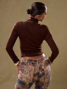 MUSERA PU Leather Vintage Look High Neck Paneled PU Jacket - Khaki - View 2